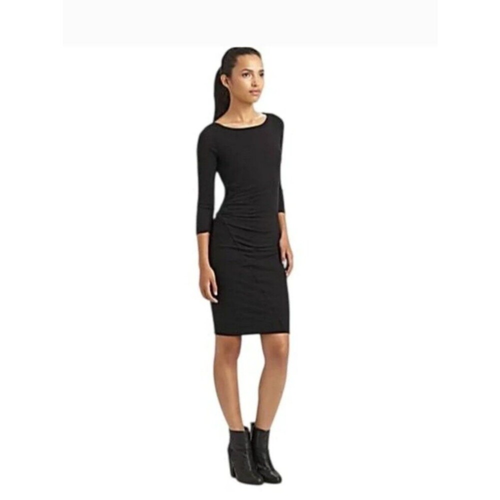 James Perse Women's Knit Boatneck Dress Black Ruched Midi Made in USA